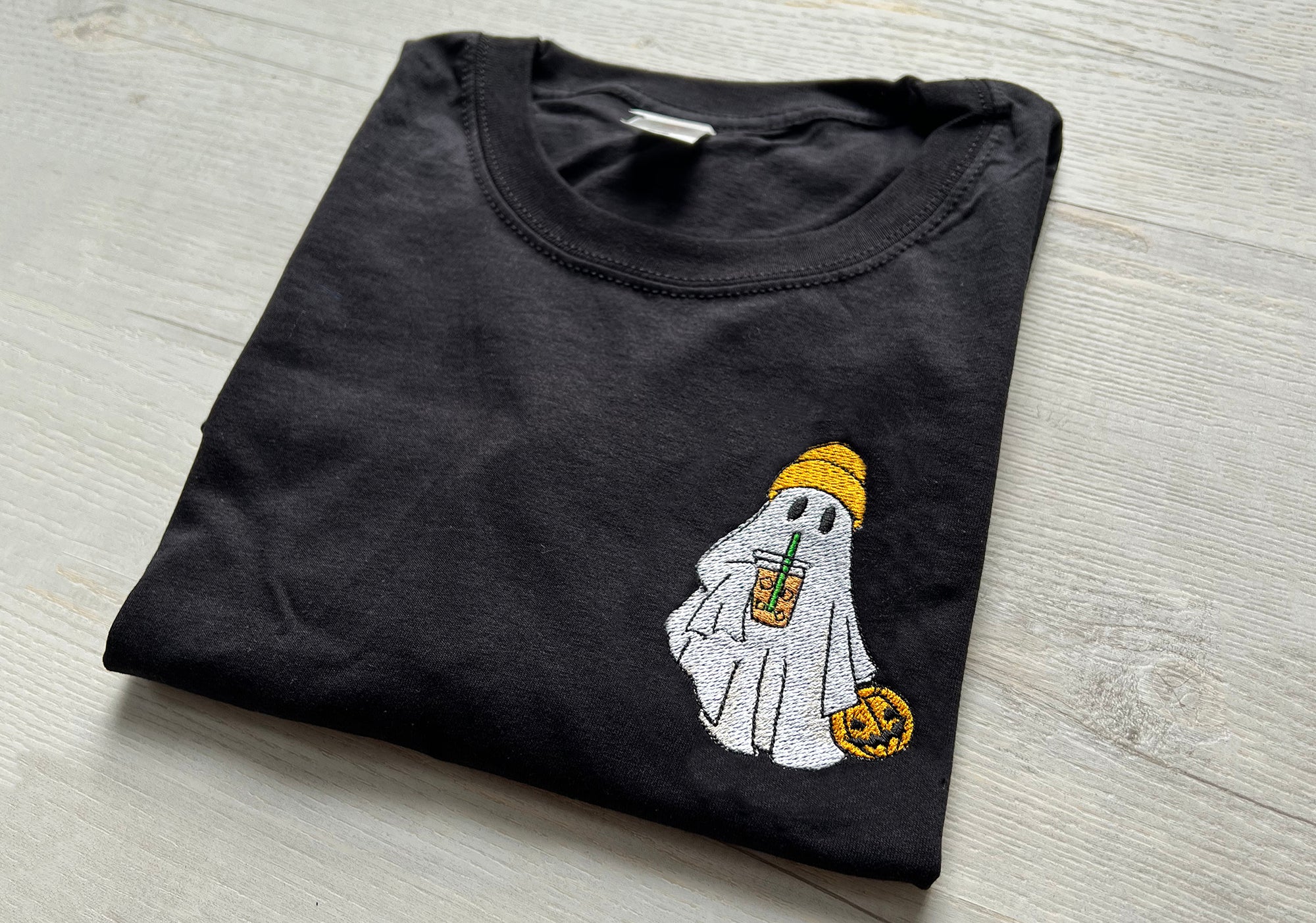 Halloween Ghost with Iced Coffee Embroidery T-Shirt and Sweatshirt | Spooky Halloween Gift Idea - obprintshop