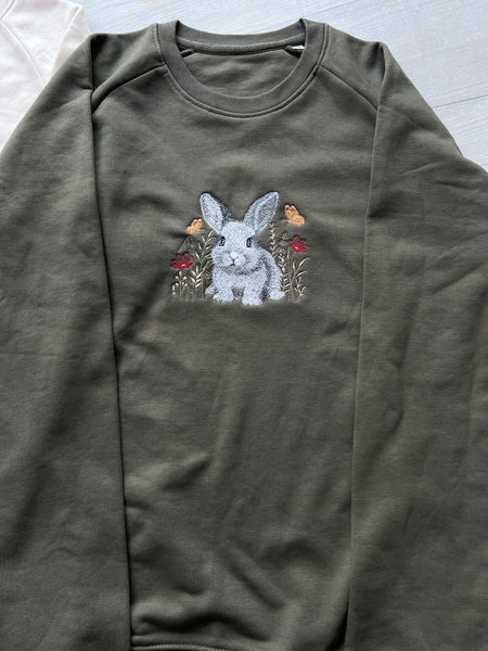 Embroidered Bunny Sweatshirt, Trendy Embroidered Crewneck, Rabbit Sweatshirt - obprintshop