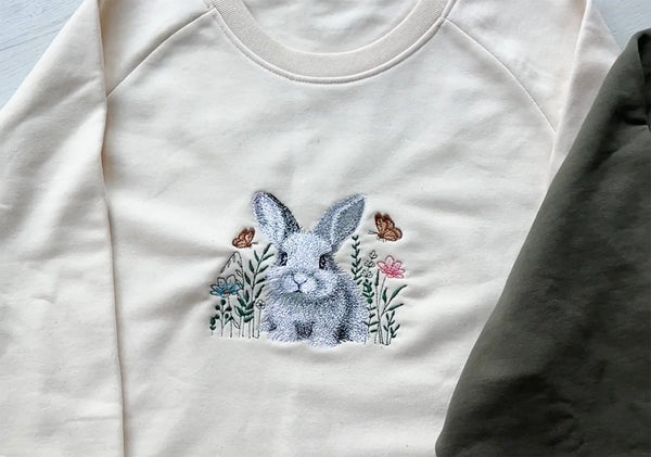 Embroidered Bunny Sweatshirt, Trendy Embroidered Crewneck, Rabbit Sweatshirt - obprintshop