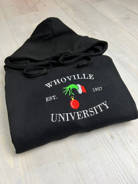 Whoville University Grinch Embroidered Hooded Sweatshirt - obprintshop
