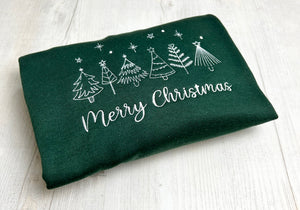 Merry Christmas Sweatshirt with Embroidered Christmas Trees - obprintshop