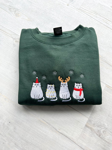 Christmas Cat Embroidery Sweatshirt with Snowflakes | Meowy Christmas Sweater | Happy Cat Sweatshirt | Gift Idea for Cat Lovers - obprintshop