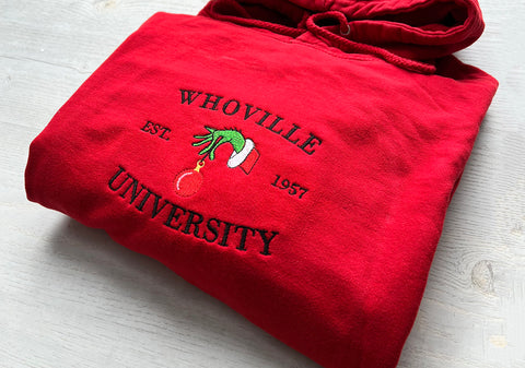 Whoville University Grinch Embroidered Hooded Sweatshirt - obprintshop